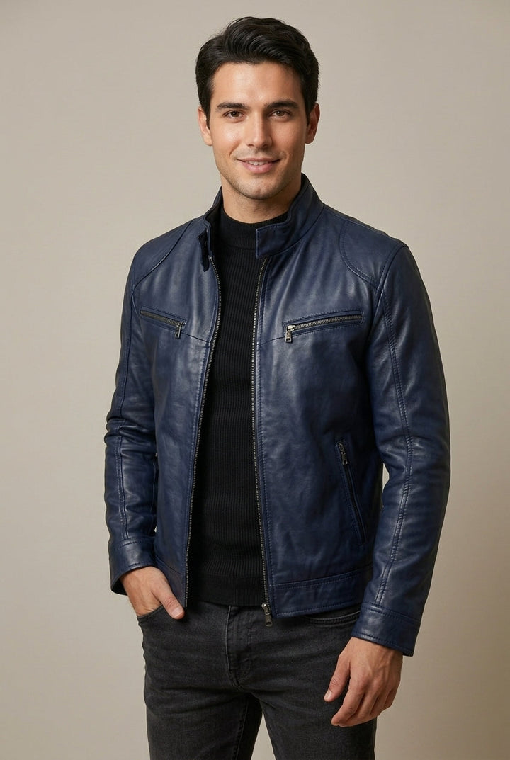 Men's Quilted-Shoulder Leather Jacket with Stand Collar