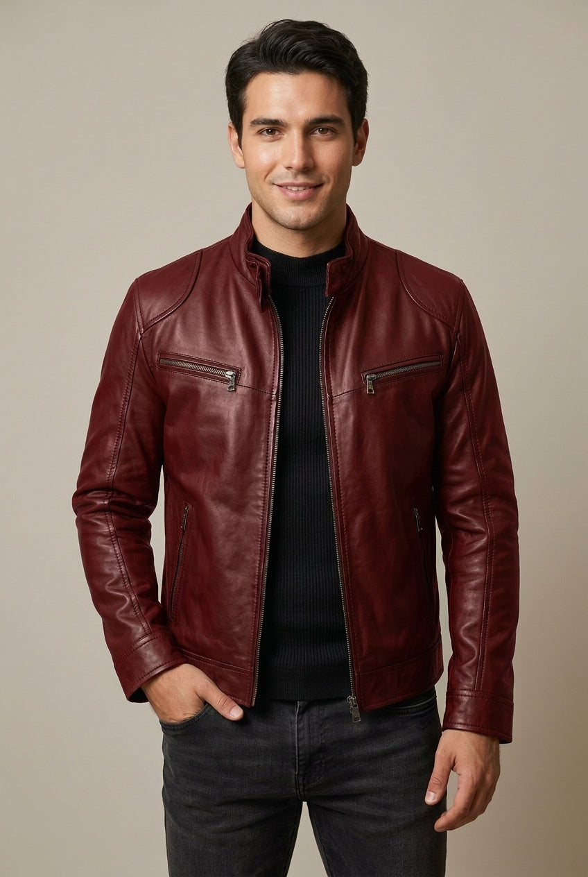 Men's Quilted-Shoulder Leather Jacket with Stand Collar