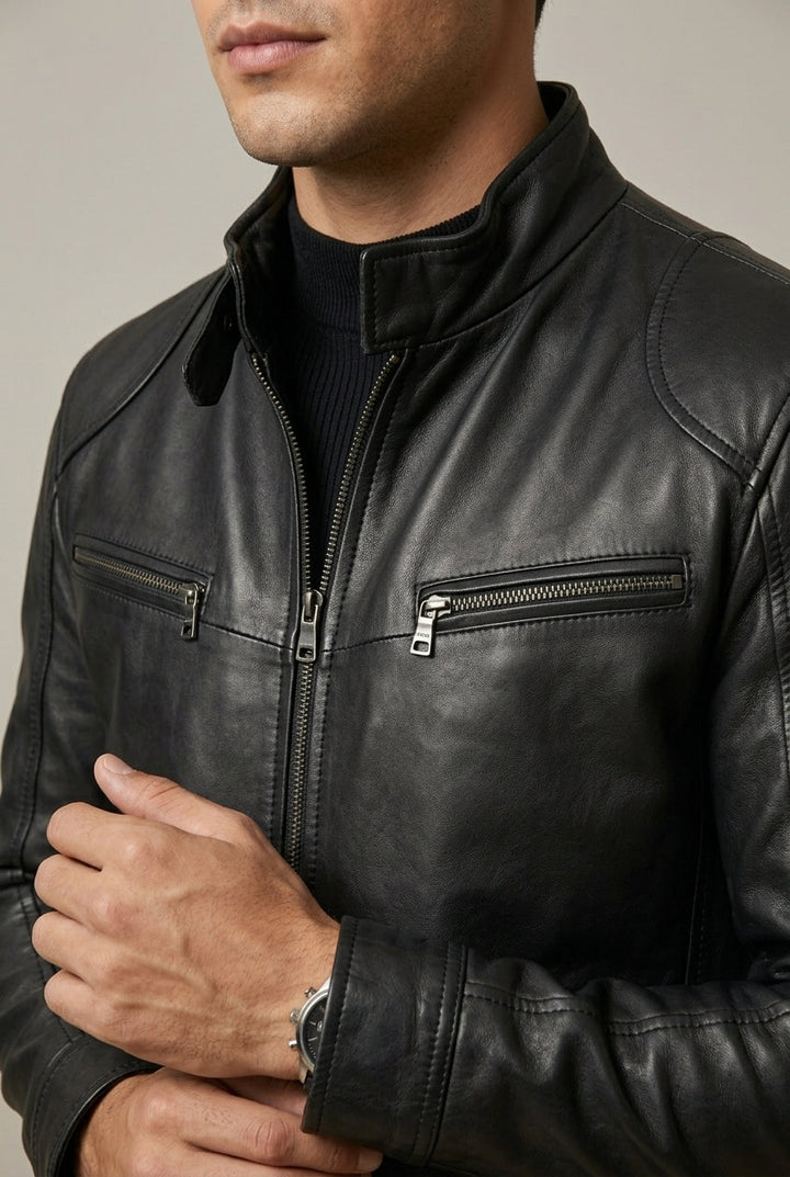 Men's Quilted-Shoulder Leather Jacket with Stand Collar