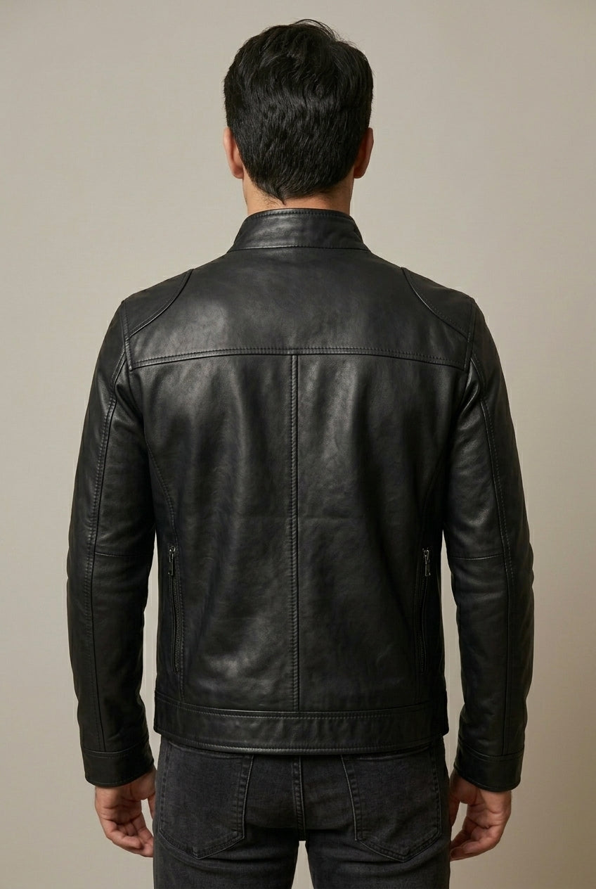 Men's Quilted-Shoulder Leather Jacket with Stand Collar