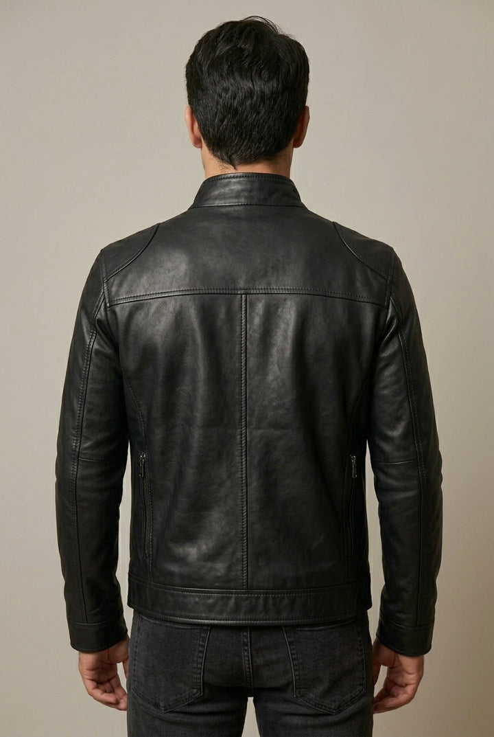 Men's Quilted-Shoulder Leather Jacket with Stand Collar