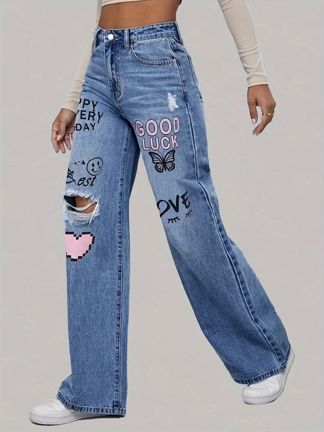 Lotte | Women's Jeans with Hearts and Graffiti Print