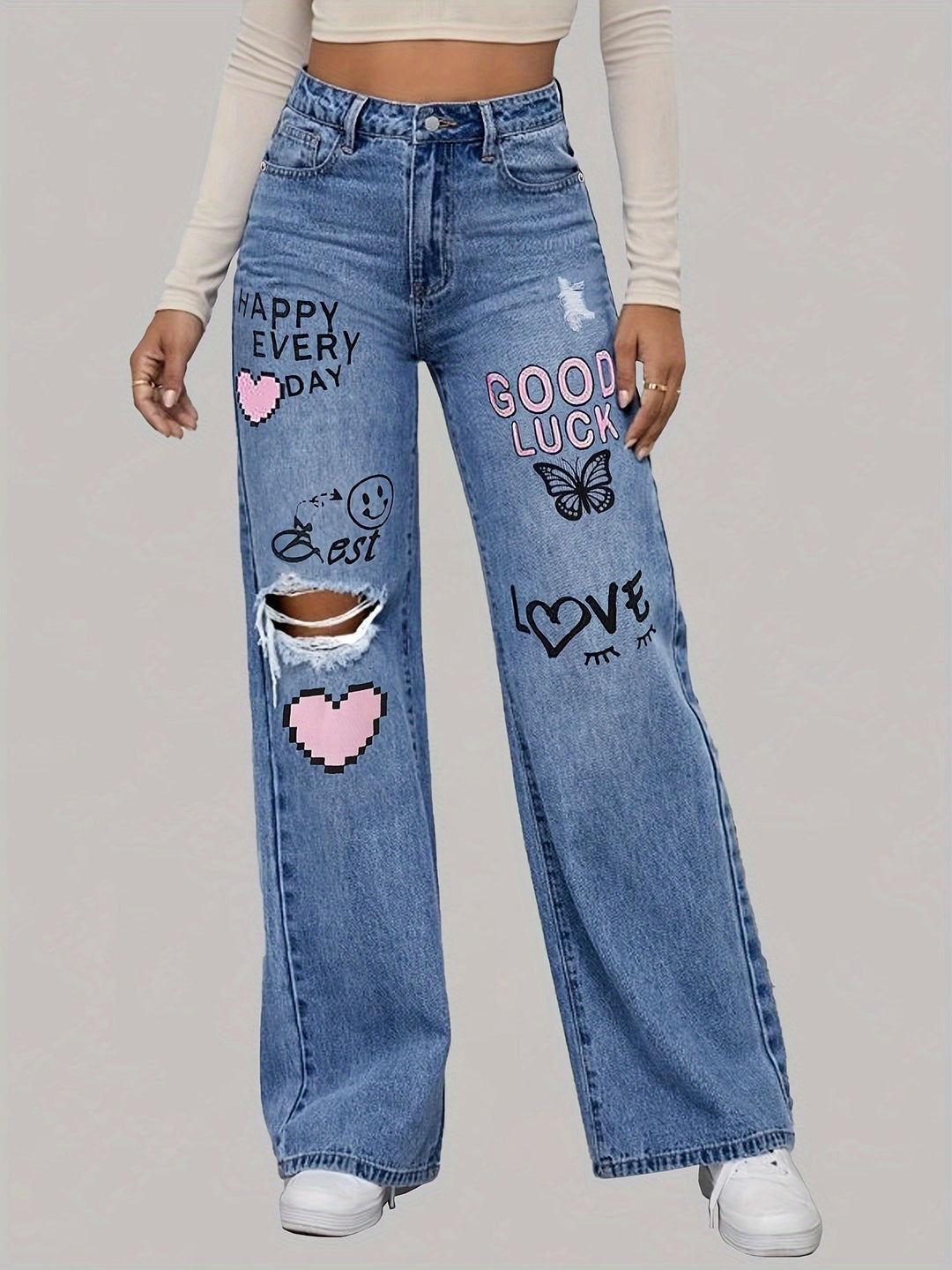 Lotte | Women's Jeans with Hearts and Graffiti Print