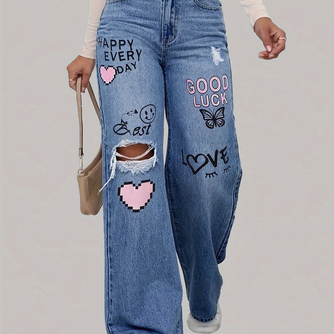 Lotte | Women's Jeans with Hearts and Graffiti Print