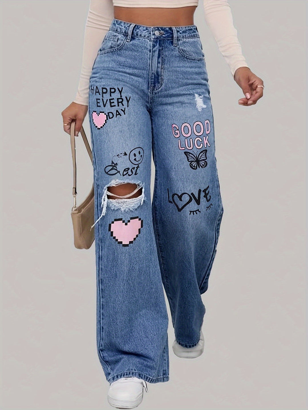 Lotte | Women's Jeans with Hearts and Graffiti Print