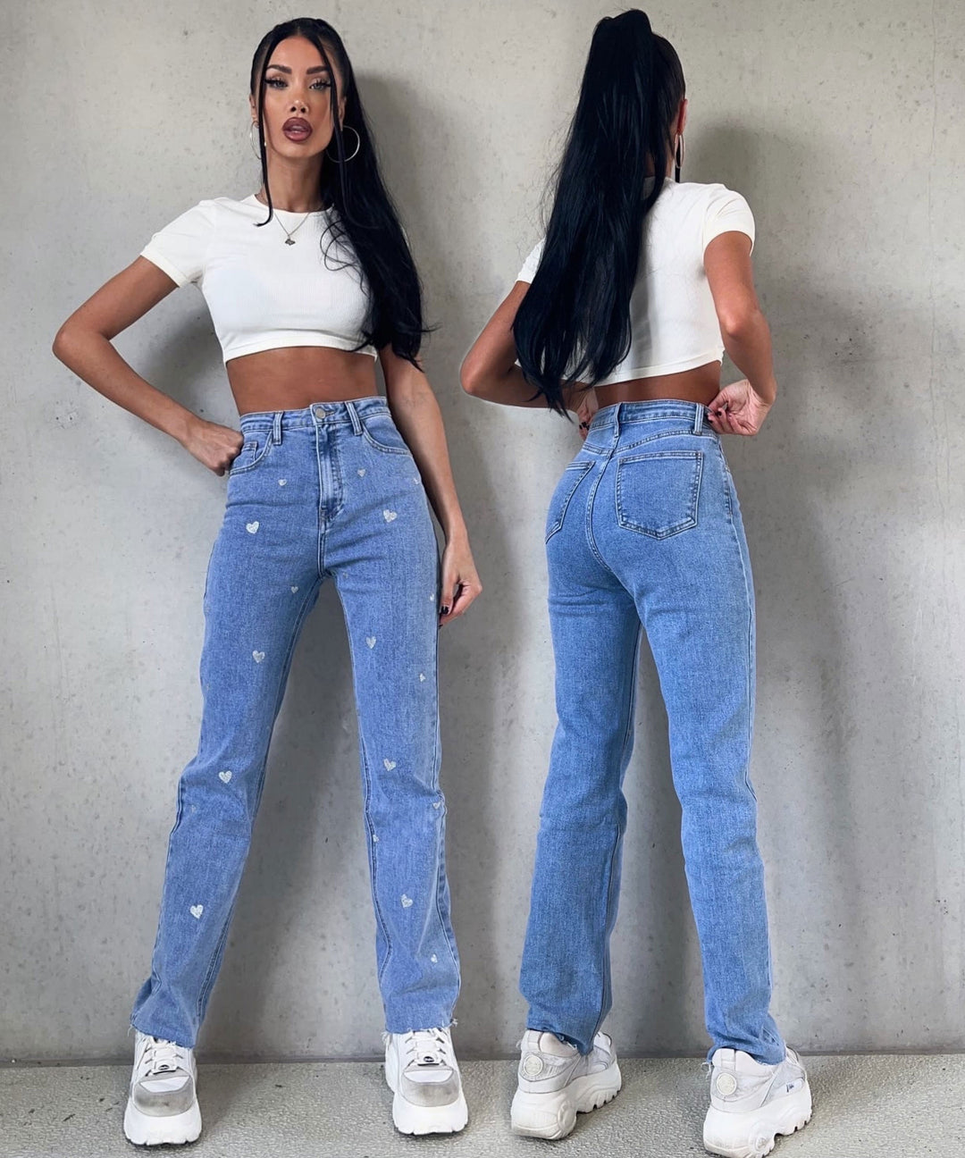 Amelie | Women's Stretch Wide Leg Jeans with Heart Print