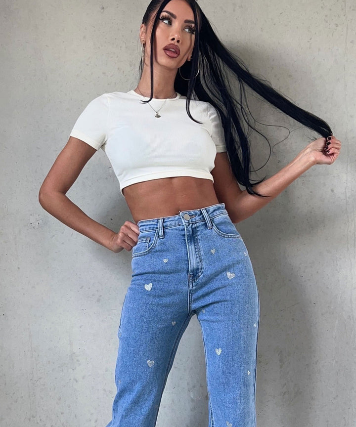 Amelie | Women's Stretch Wide Leg Jeans with Heart Print