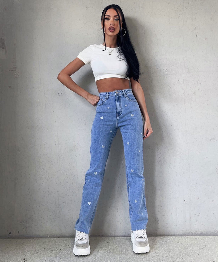 Amelie | Women's Stretch Wide Leg Jeans with Heart Print