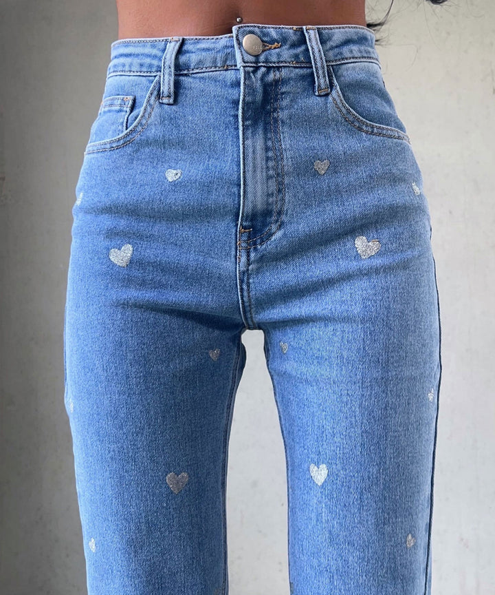 Amelie | Women's Stretch Wide Leg Jeans with Heart Print