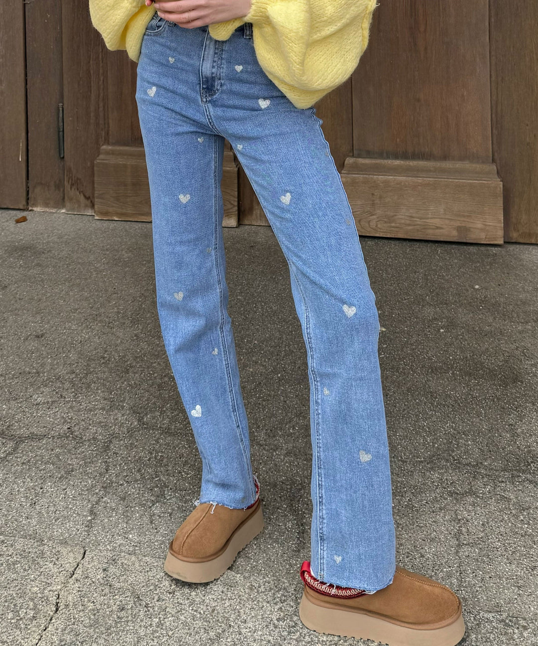 Amelie | Women's Stretch Wide Leg Jeans with Heart Print