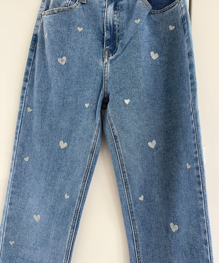 Amelie | Women's Stretch Wide Leg Jeans with Heart Print