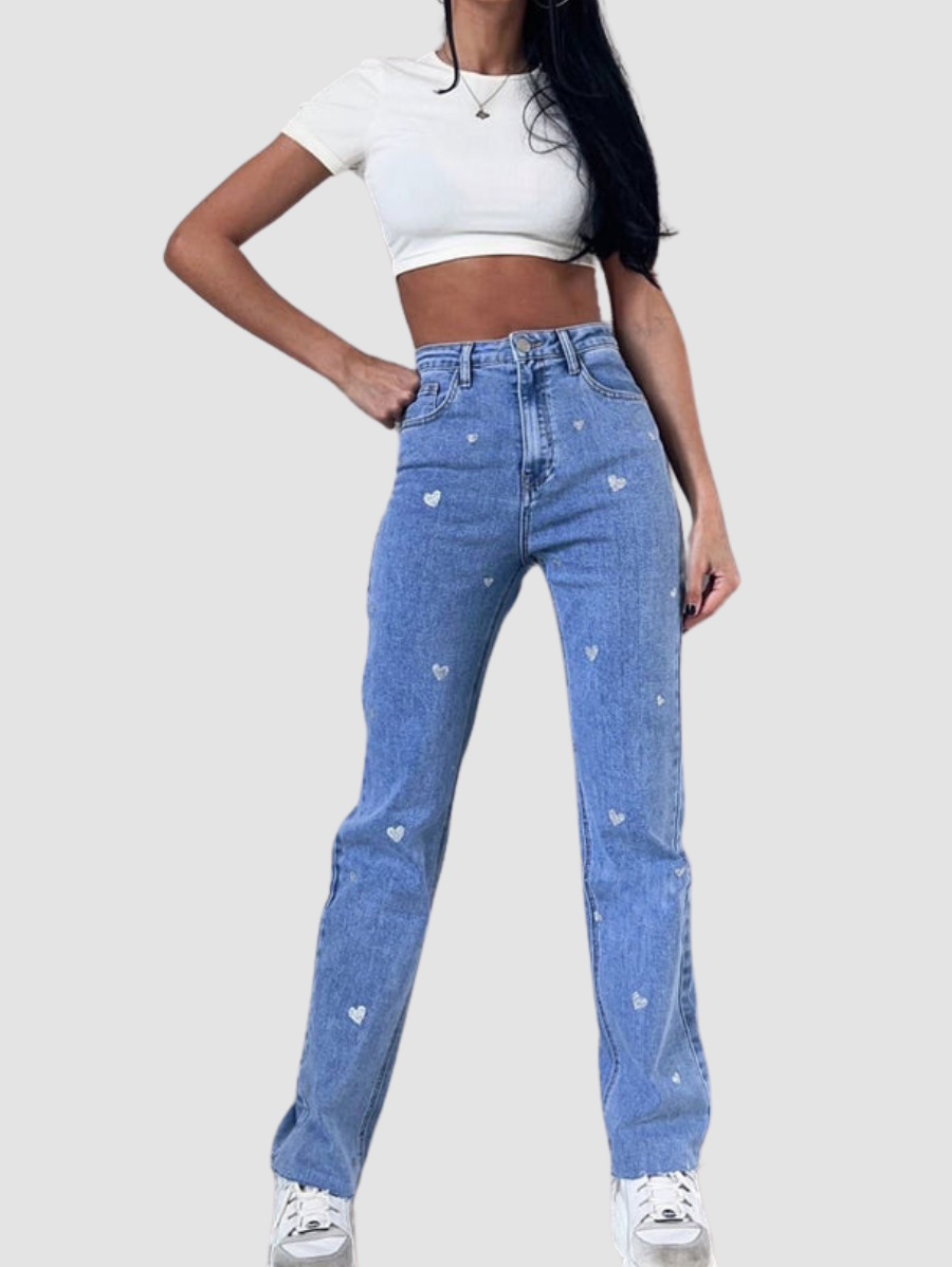 Amelie | Women's Stretch Wide Leg Jeans with Heart Print