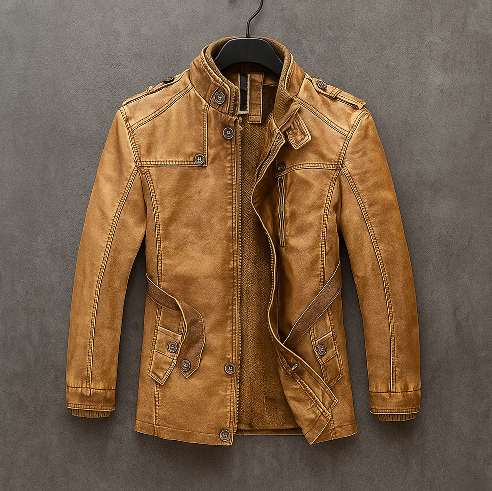 Men's Leather Long Coat with Corduroy Collar