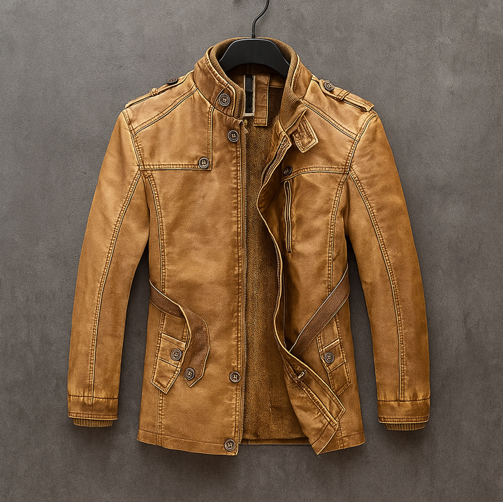 Men's Leather Long Coat with Corduroy Collar