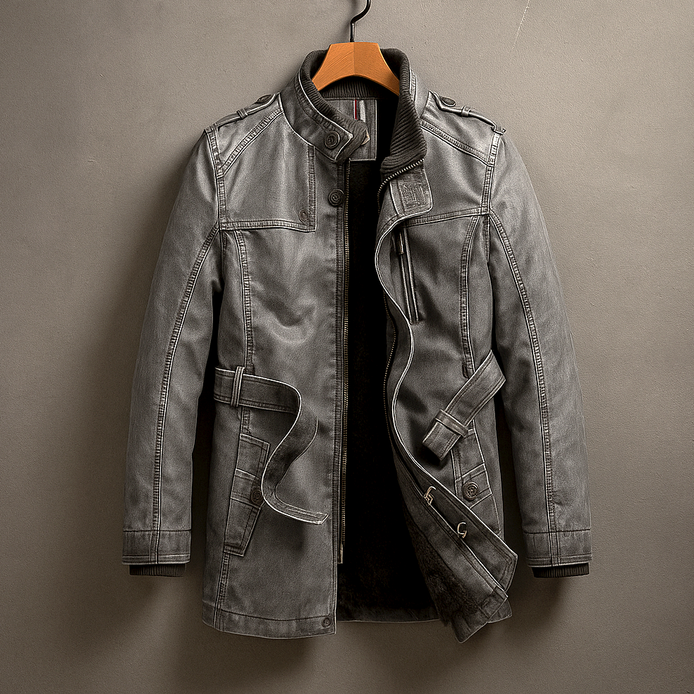 Men's Leather Long Coat with Corduroy Collar