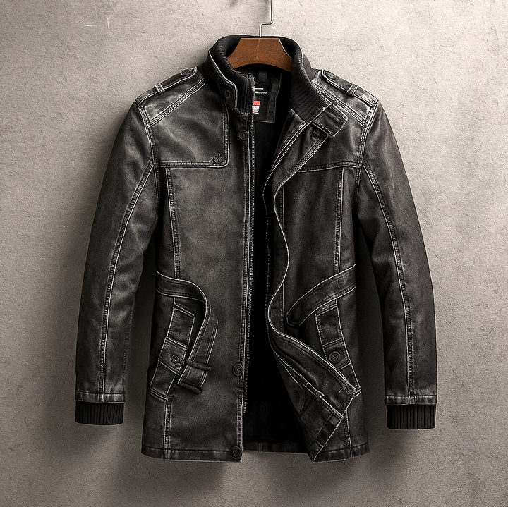 Men's Leather Long Coat with Corduroy Collar