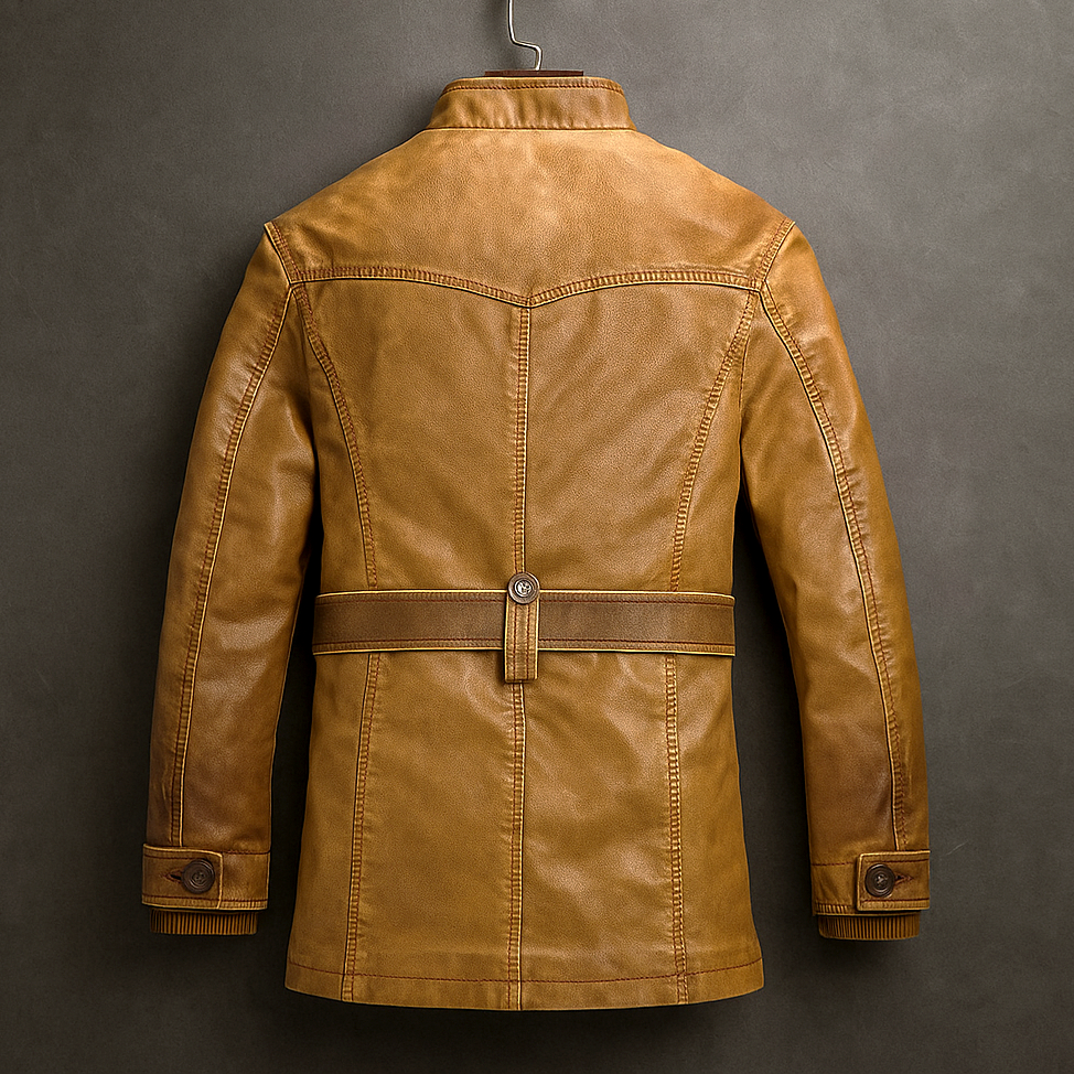Men's Leather Long Coat with Corduroy Collar