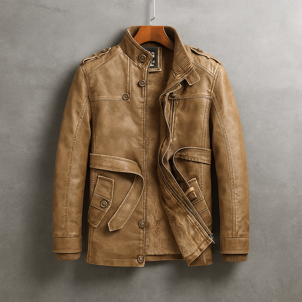 Men's Leather Long Coat with Corduroy Collar