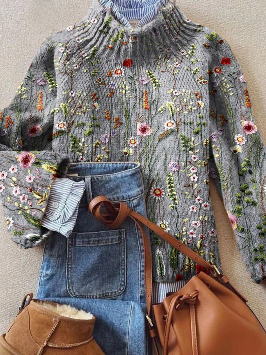 Women's Floral Embroidered Crew-Neck Sweater