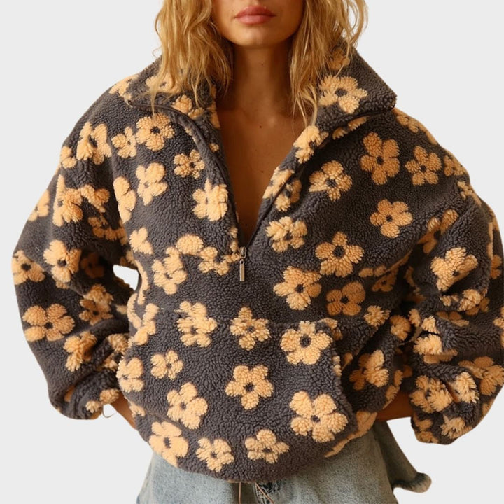 Women's Floral Sherpa Quarter-Zip Sweater with Stand Collar