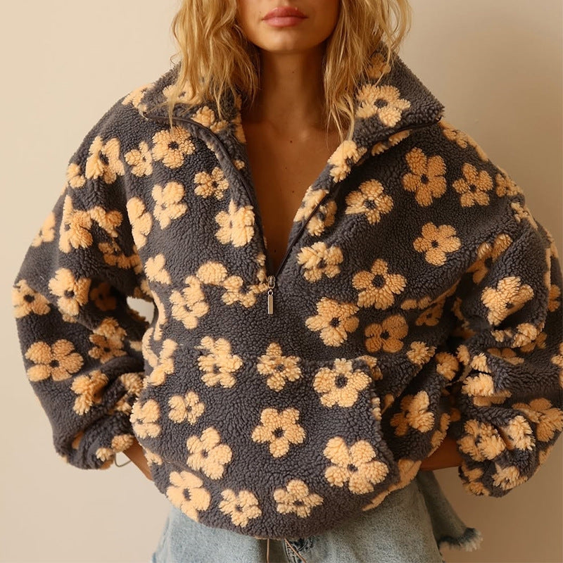 Women's Floral Sherpa Quarter-Zip Sweater with Stand Collar