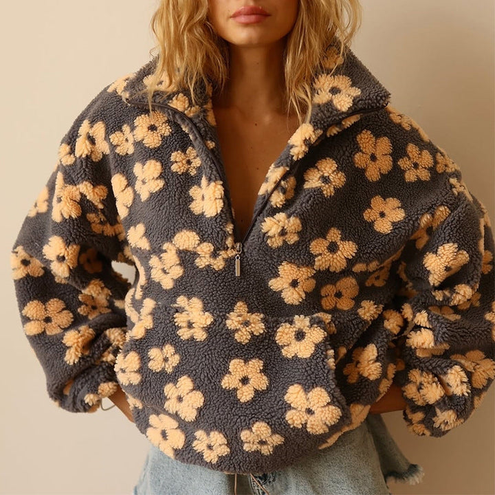 Women's Floral Sherpa Quarter-Zip Sweater with Stand Collar