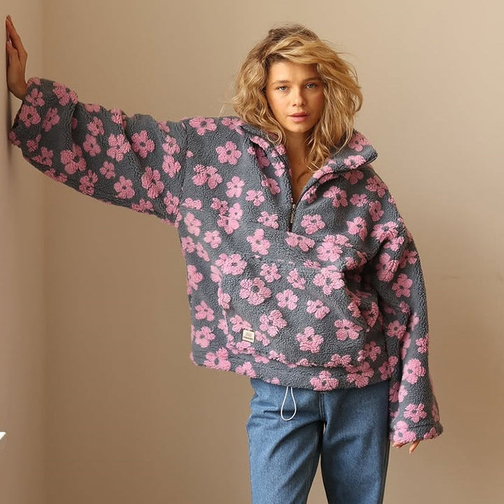 Women's Floral Sherpa Quarter-Zip Sweater with Stand Collar