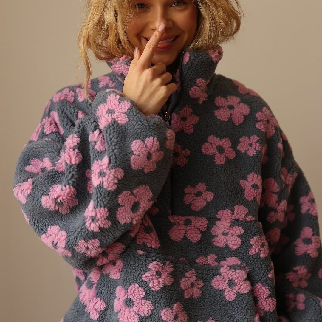 Women's Floral Sherpa Quarter-Zip Sweater with Stand Collar