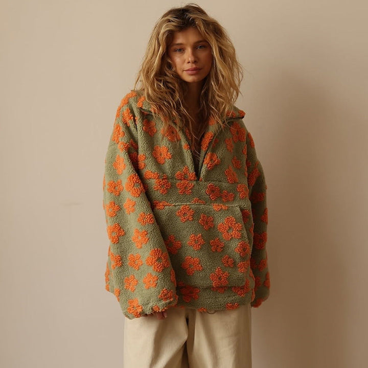 Women's Floral Sherpa Quarter-Zip Sweater with Stand Collar