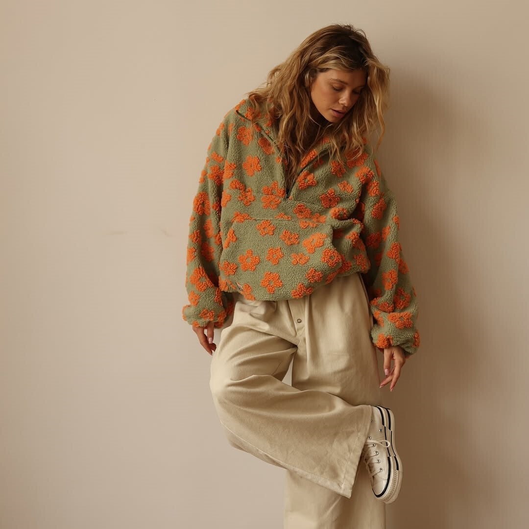 Women's Floral Sherpa Quarter-Zip Sweater with Stand Collar