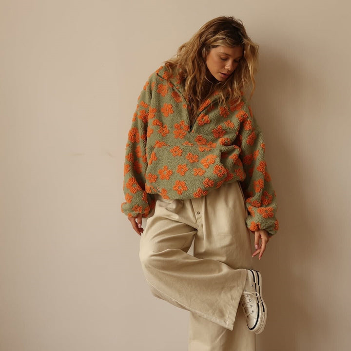 Women's Floral Sherpa Quarter-Zip Sweater with Stand Collar