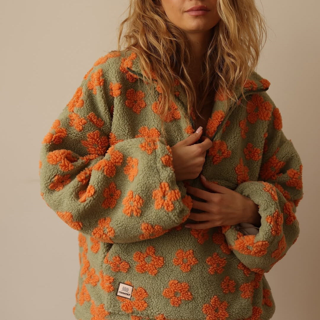 Women's Floral Sherpa Quarter-Zip Sweater with Stand Collar