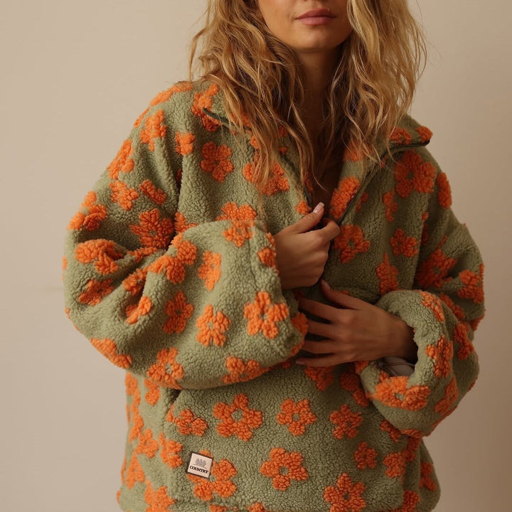 Women's Floral Sherpa Quarter-Zip Sweater with Stand Collar