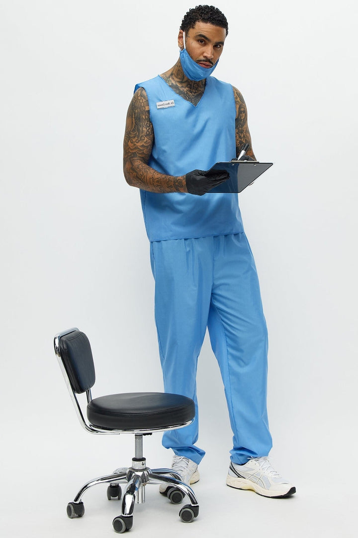 Halloween's Men's Blue Medical Scrub Costume Set with V Neck Top