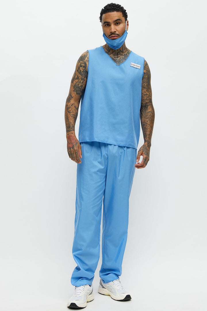 Halloween's Men's Blue Medical Scrub Costume Set with V Neck Top