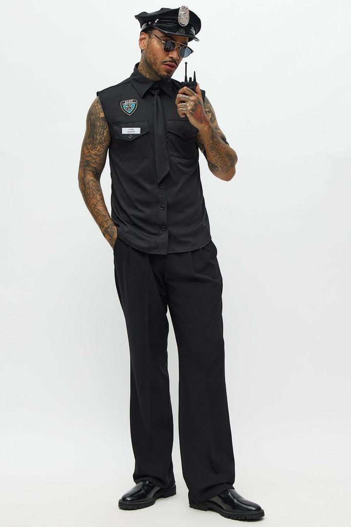 Halloween's Men's Black Officer Costume Shirt and Hat Set