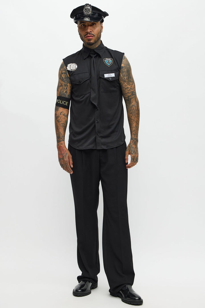 Halloween's Men's Black Officer Costume Shirt and Hat Set