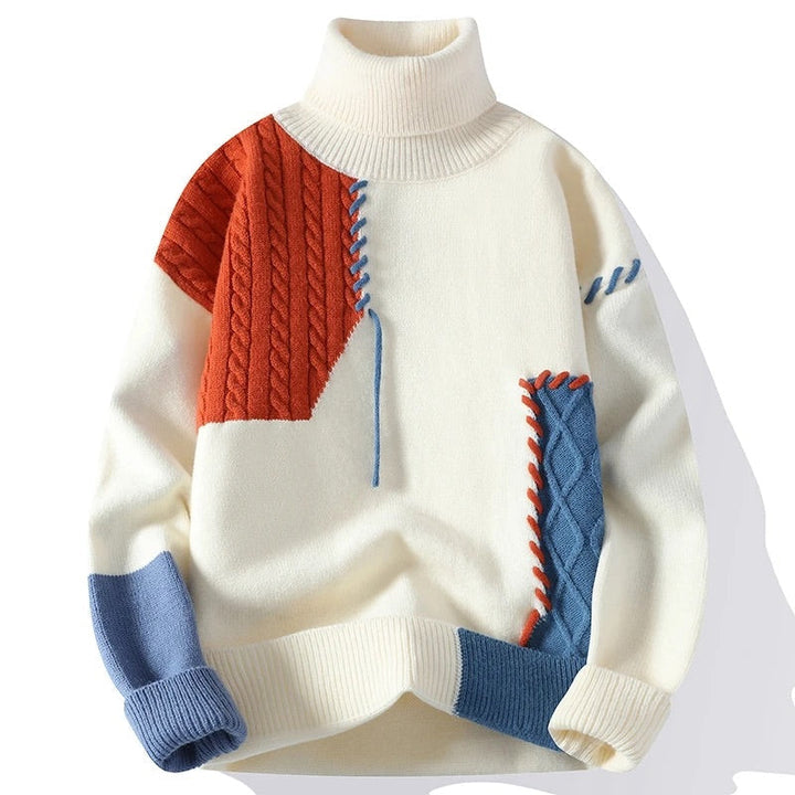 Men's Patchwork Turtleneck Sweater with Cable-Knit Design