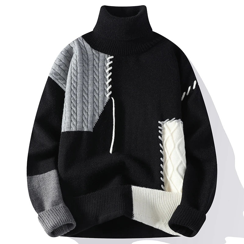 Men's Patchwork Turtleneck Sweater with Cable-Knit Design
