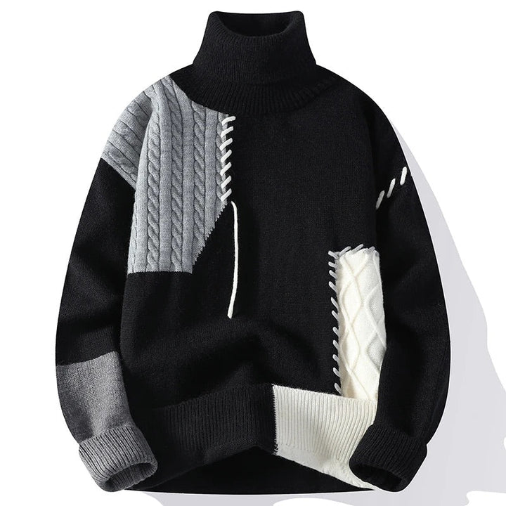Men's Patchwork Turtleneck Sweater with Cable-Knit Design