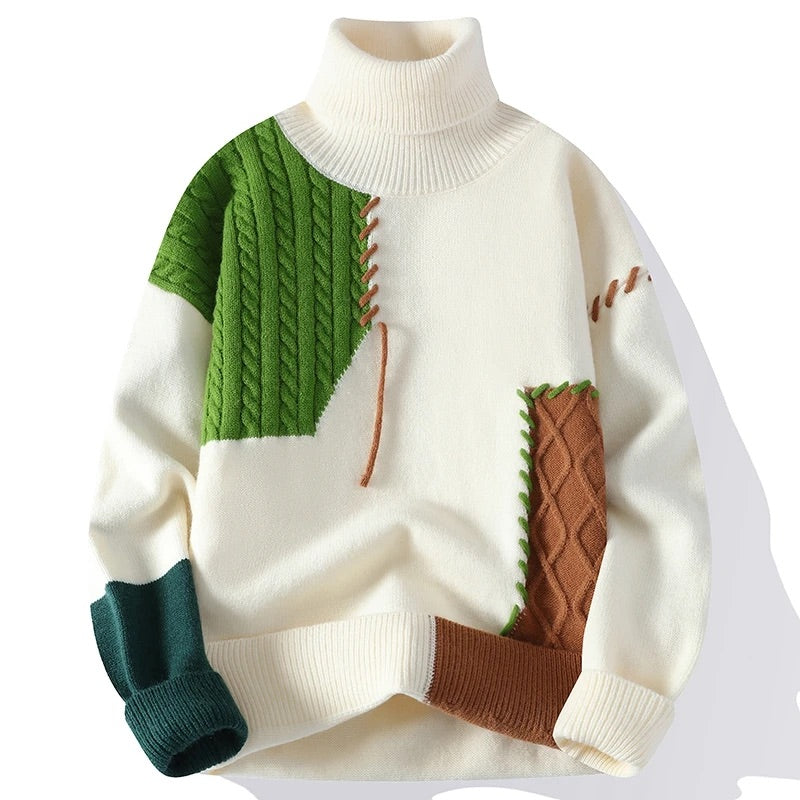 Men's Patchwork Turtleneck Sweater with Cable-Knit Design