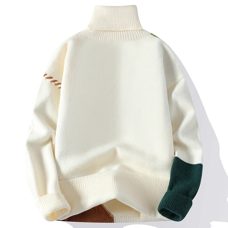 Men's Patchwork Turtleneck Sweater with Cable-Knit Design