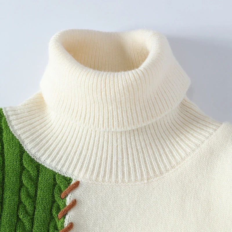 Men's Patchwork Turtleneck Sweater with Cable-Knit Design