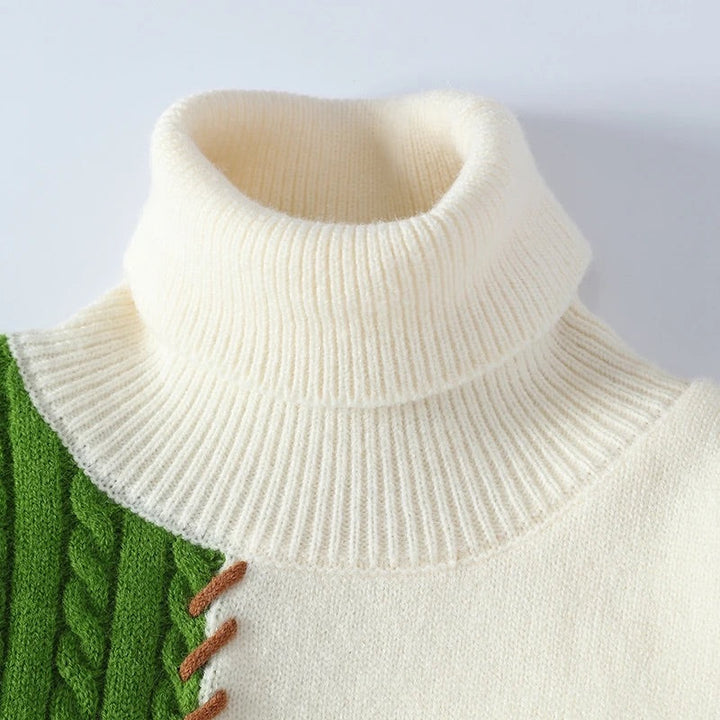 Men's Patchwork Turtleneck Sweater with Cable-Knit Design