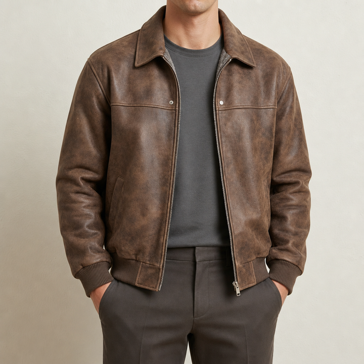 Men's Distressed Leather Bomber Jacket with Ribbed Cuffs