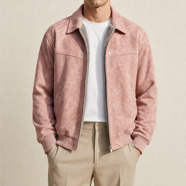 Men's Distressed Leather Bomber Jacket with Ribbed Cuffs