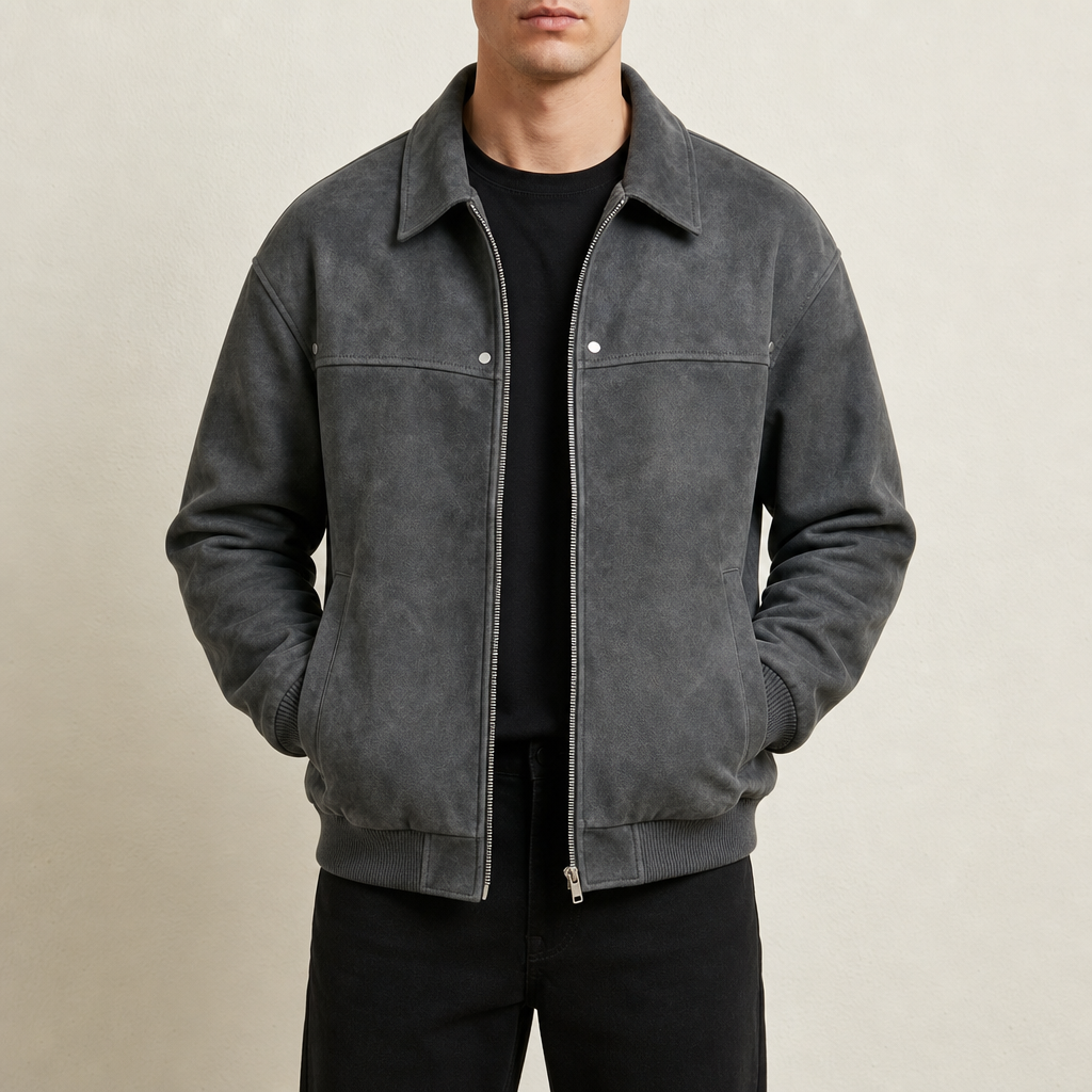 Men's Distressed Leather Bomber Jacket with Ribbed Cuffs