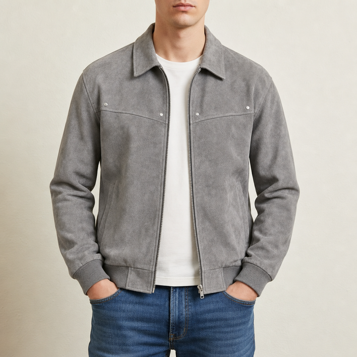 Men's Distressed Leather Bomber Jacket with Ribbed Cuffs