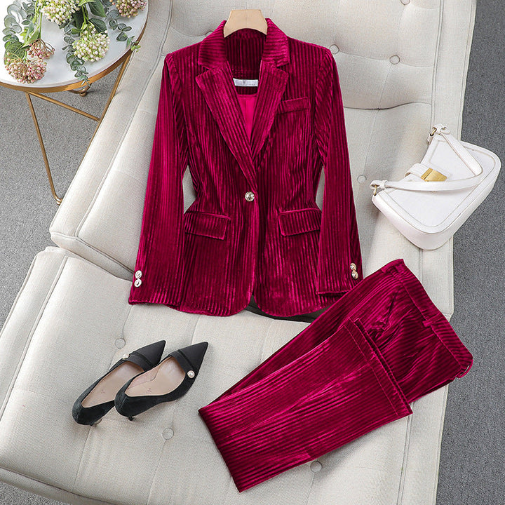 Women's Ribbed Velvet Blazer and Tapered Trouser Suit Set