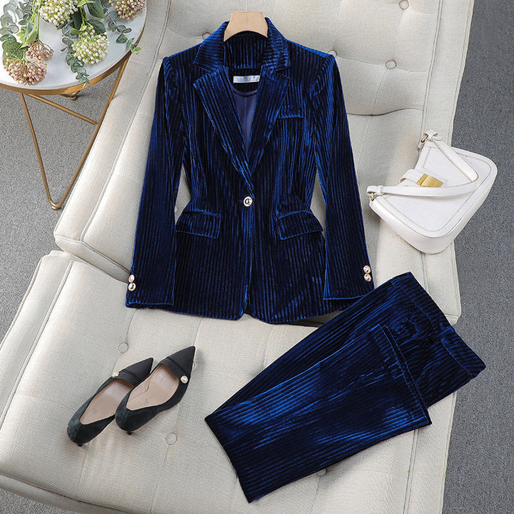 Women's Ribbed Velvet Blazer and Tapered Trouser Suit Set